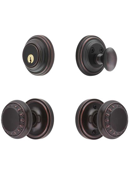 Classic Rosette Entry Set, Keyed Alike with Ovolo Knobs in Timeless Bronze.